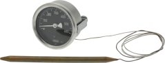 Ronnen Distanz-Thermometer mat schwaarzem Ziffblat vun 0 bis 600 °C, enger laanger Kapillar an enger Kupfersonde.