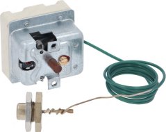 Eenfase Thermostat mat engem Metallgehäus an engem gréngen Kabel zu engem Krees opgerullt, dat an enger laanger dënner Sond ophält.