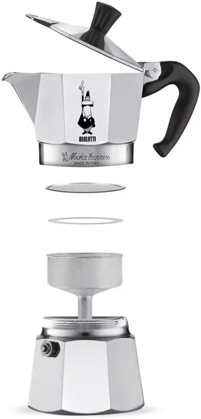 Ezüst Bialetti Moka Express kávéfőző 3 csésze kávéhoz, fehér háttérrel, a kávéfőző egyes részeinek nézete.