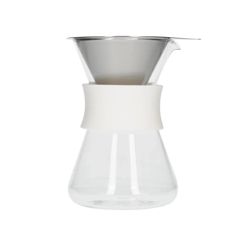 Cafetière en verre blanche, idéale pour préparer du café filtre frais.