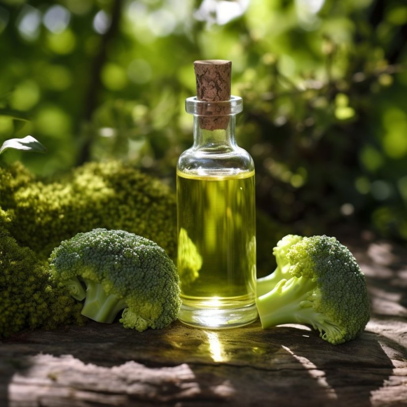 Glass bottle containing 100% natural essential broccoli oil from Pestik with a volume of 10 ml and a neutral scent.