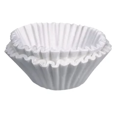 Filtres à café en papier blanc pour percolateurs Bunn avec un diamètre de base de 10,8 cm.