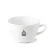 White latte cup with a handle, featuring a logo.