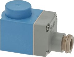 Spull Danfoss 018F6176, blot Gehäus vun der elektromagnéitescher Spull mat enger grauer Klemmebox an enger Gewëndedurchféierung.