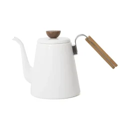 White Hario Bona Enamel kettle with a capacity of 800 ml featuring a wooden handle, ideal for precise pouring due to its gooseneck design.