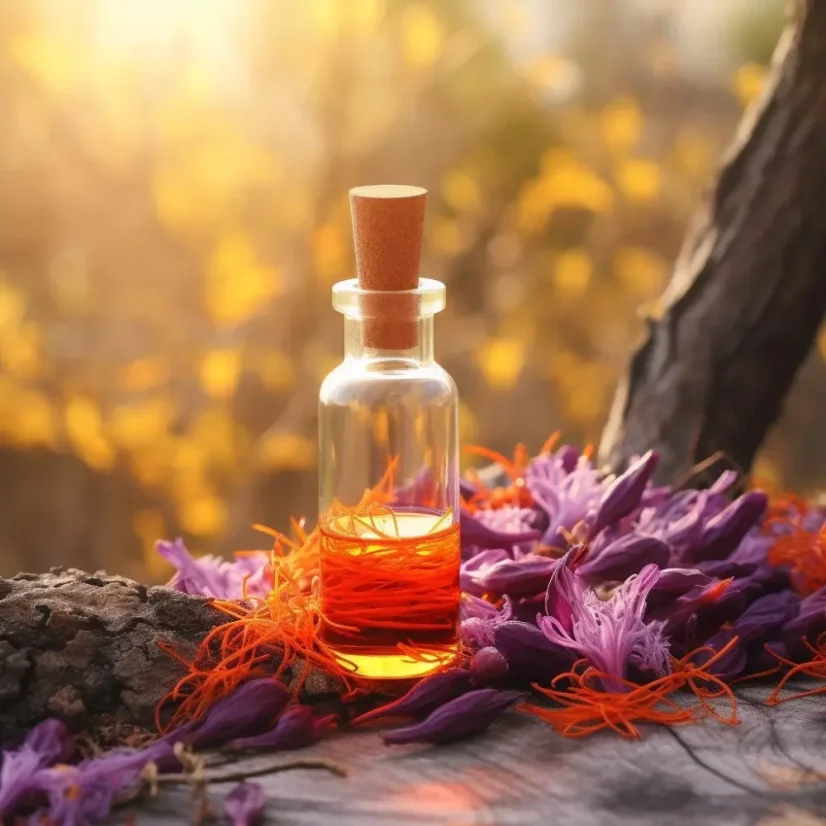 Glass bottle with 10 ml of 100% natural essential Kumkumadi oil, known for its aphrodisiac effects.