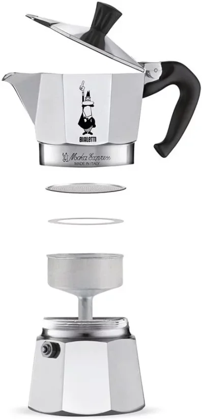 Moka pot van Bialetti Moka Express voor 3 kopjes, gedemonteerd in onderdelen