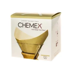 Iepakojums ar 100 gabaliem papīra filtriem Chemex FSU-100, piemērots 6-10 kafijas tasēm, izgatavots no dabīga papīra.