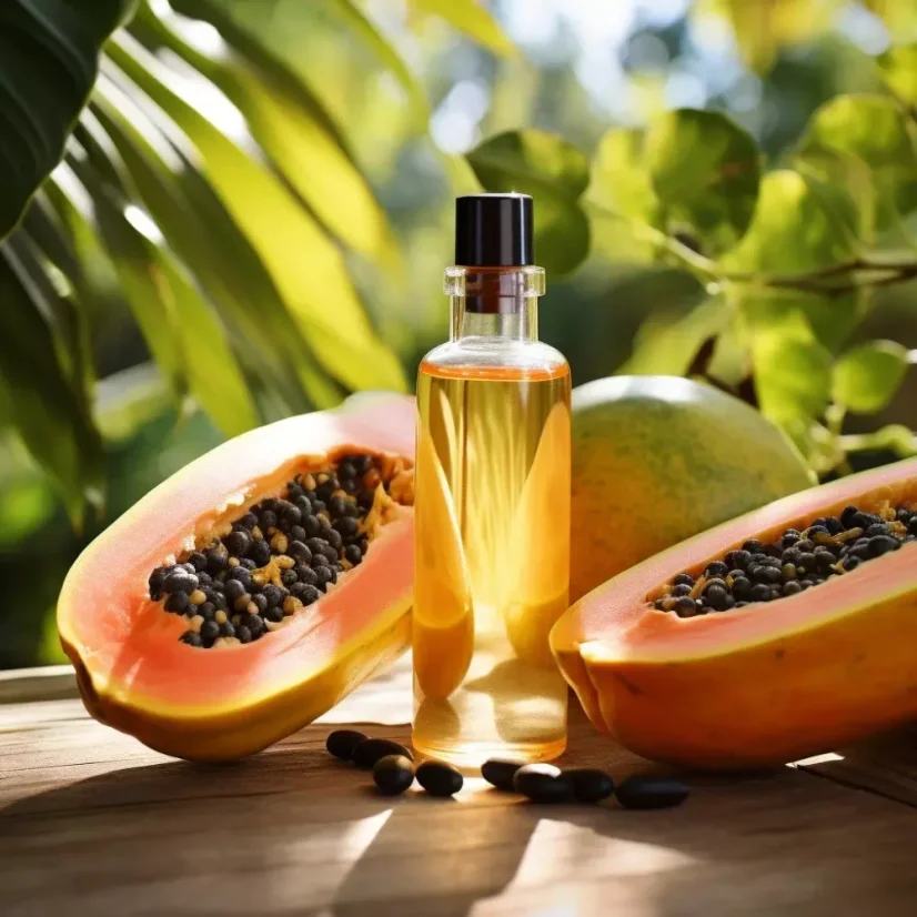 Frasco de vidro com 10 ml de óleo essencial 100% natural de papaia, destinado ao cuidado dos cabelos.