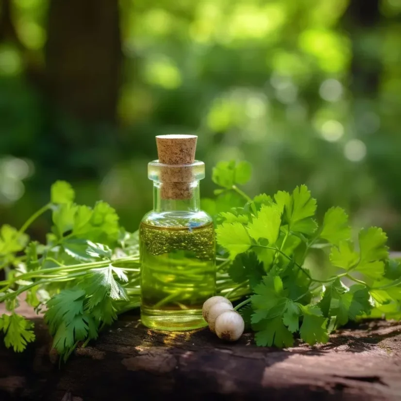 Glass bottle containing 10 ml of 100% natural coriander essential oil with a refreshing effect.