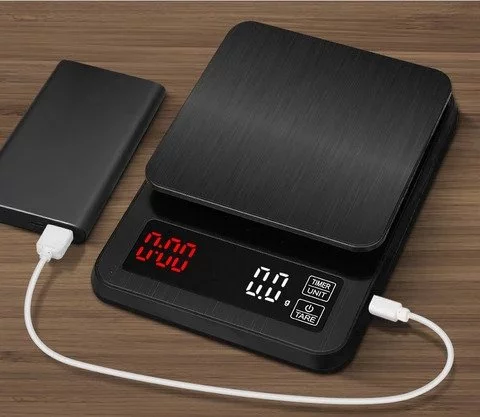 The Barista Space digital scale can be charged via a USB cable, which is included in the package.