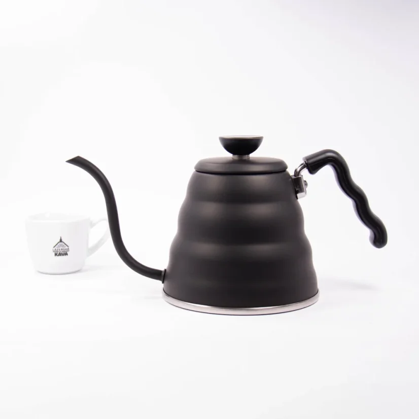 Black Hario Buanno Gooseneck Kettle with 1.2-liter capacity, suitable for use on ceramic hobs.