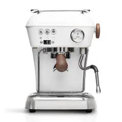 Weiße Siebträger-Kaffeemaschine Ascaso Dream PID mit Temperatureinstellung.