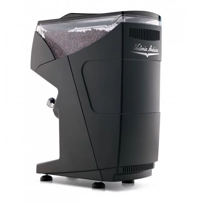 Coffee grinder in black with flat grinding stones.