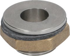 Metall-Ventilhaus mat engem ronnen Luch, enger schwaarzer Dichtung an engem gewuente Messinggehäus.
