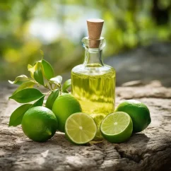 Glass bottle with 10 ml of 100% natural essential lime oil, suitable for vegans.