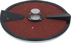 Schleifdisk fir de Kartoffelschieler, eng ronn rout-brong Schleifscheif mat schwaarze Segmenter laanscht de Rand an engem Metallgrëff an der Mëtt. Schleifdisk fir de Kartoffelschieler, eng ronn rout-brong Schleifscheif mat schwaarze Segmenter laanscht de Rand an engem Metallgrëff an der Mëtt.