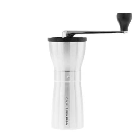 Handheld Hario Mini Mill Slim Pro coffee grinder in silver, made of durable stainless steel.