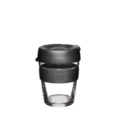 Termo vaso de vidrio con tapa negra y soporte de goma negro con capacidad de 340 ml.