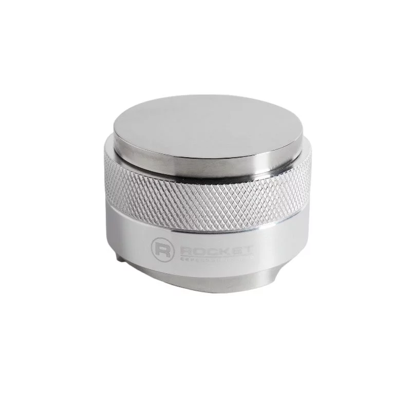 Silver Rocket Espresso coffee tamper with adjustment, compatible with Nuova Simonelli Aurelia espresso machine.