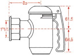 Ofzuchshunn ø 1"1/4 F, technesch Zeechnung vun der Säit mat Dimensiounen a Bezeechnung vum Hiewel. Ofzuchshunn ø 1"1/4 F, technesch Zeechnung vun der Säit mat Dimensiounen a Bezeechnung vum Hiewel.