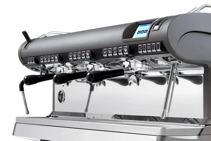 Profesionálny pákový kávovar Nuova Simonelli Aurelia Wave UX 2GR titan so zabudovaným manometrom na kontrolu tlaku.