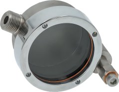 Komplette Füllstandsindikator (Glas), verchromte ronnen Indikator mat donkelem Niveaglas, orangener Dichtung a zwee seitleche Gewanduschlëss. Komplette Füllstandsindikator (Glas), verchromte ronnen Indikator mat donkelem Niveaglas, orangener Dichtung a zwee seitleche Gewanduschlëss.