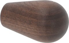 Holz-Bedéngungsknapp a konescher Form aus donkelem Nossbamholz mat siichtbarer Faserzeechnung.