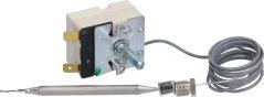 Eenfase Thermostat mat engem beige Kierper an engem groe Kapillarkabel zu enger Schleef opgerullt, um Enn eng dënn Metallsond. Eenfase Thermostat mat engem beige Kierper an engem groe Kapillarkabel zu enger Schleef opgerullt, um Enn eng dënn Metallsond.