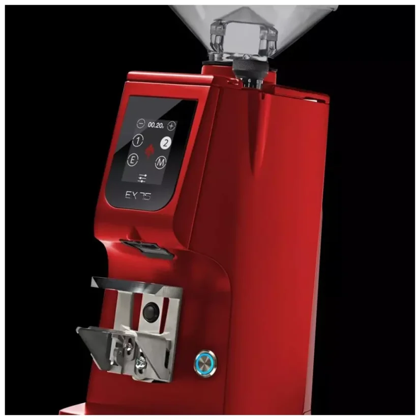 The Eureka Atom W 75 in red is a high-quality espresso coffee grinder that achieves a high number of rotations per minute, specifically 1400, ensuring fast and efficient grinding.