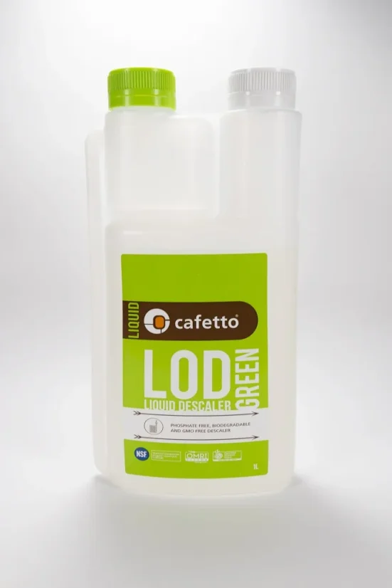 Entkalkungsflüssigkeit für Kaffeemaschinen in weißer Kunststoffverpackung mit farbigem Druck und Dosierer.
