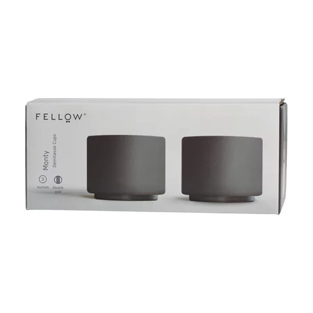Two black Fellow ceramic cups for espresso or ristretto, 90 ml capacity.