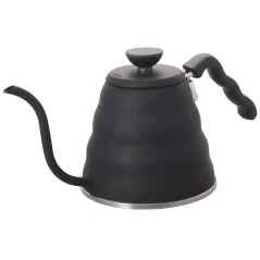 Bouilloire noire Hario Buono à col de cygne d'une capacité de 1,2 litre, fabriquée en plastique.