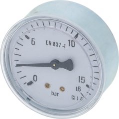 Pompel Manometer, ronne Drockmesser mat wäissem Zifferblat an engem verchromte Rahmen