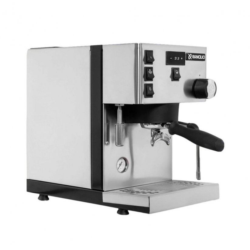 Vue latérale de la machine à café Rancilio Pro X à corps en acier inoxydable.