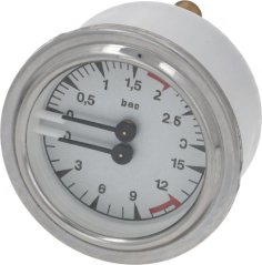 Manometer mat engem wäisse Ziffereblat, zwou Skalen, enger schwaarzer a rouder Nol an engem verchromte Kader.