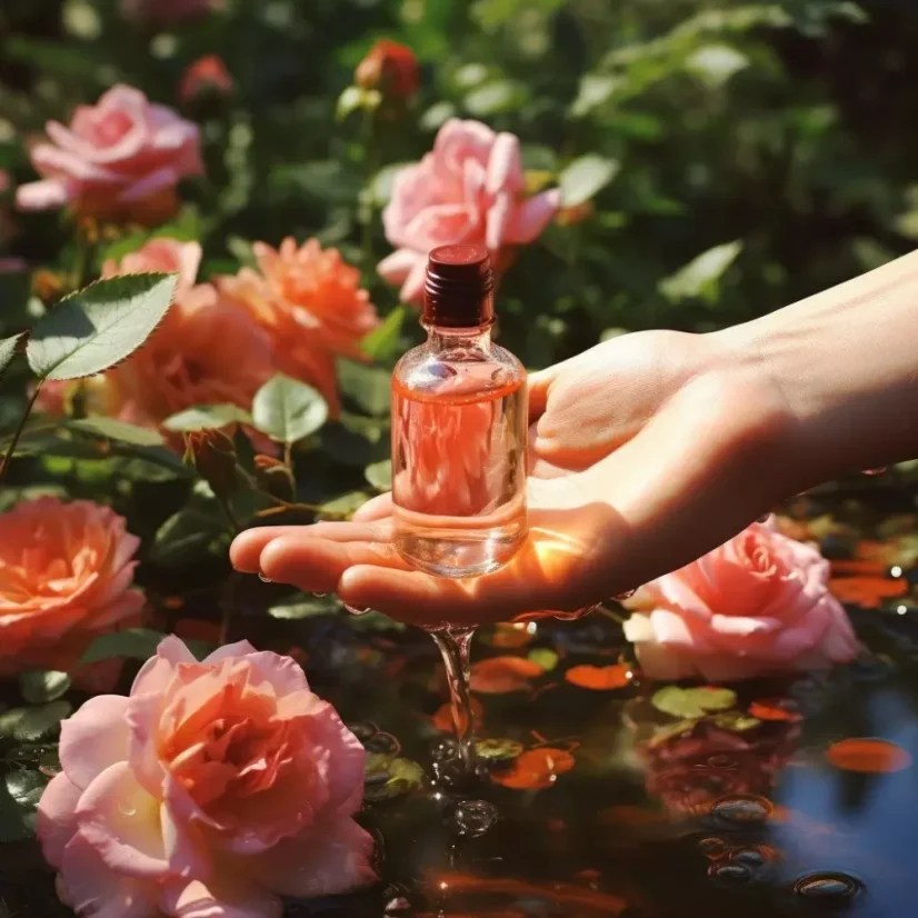 Flacon en verre de 10 ml d'huile essentielle 100 % naturelle de rose avec un parfum floral.