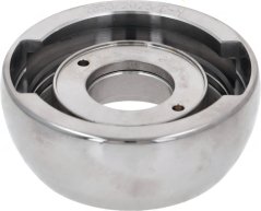 Chroméierte Grëff Réng, metallene Rank mat enger zentraler Ëffnung a zwou Montagebohrungen, Usiicht vu uewen Chroméierte Grëff Réng, metallene Rank mat enger zentraler Ëffnung a zwou Montagebohrungen, Usiicht vu uewen