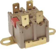Kontakttethermostat am brongen Plastikgehäus mat véier Messengkontakten an engem roude Knäppchen