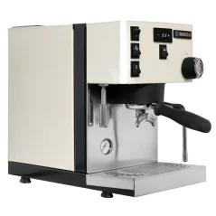 Face avant de la machine à café à levier blanche de la marque Rancilio.