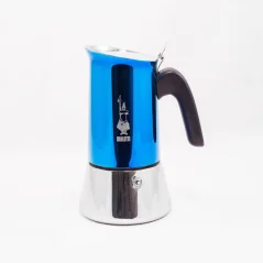 Bialetti New Venus Blue moka pot for 6 cups, suitable for heating on halogen sources.