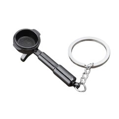 A black keychain shaped like a portafilter is a fantastic gift for all coffee lovers, adding a stylish element to everyday use. A black keychain shaped like a portafilter is a fantastic gift for all coffee lovers, adding a stylish element to everyday use.