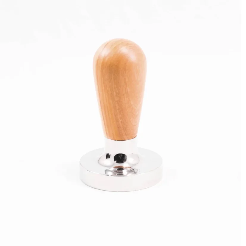 ECM tamper with an olive wood handle.