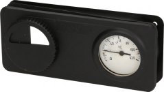 Fern-Thermometer 197x85x33 mm, schwaarzt Panel mat engem rondem Ziffereblat an enger opgerollter Kapillar, déi zum Sensor féiert.