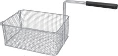 Kuerf fir Friteuse 290x215x120 mm, rechteckege Drotkuerf mat dichtem Gitter, engem klengen Ouer lénks an engem gebéiten Grëff riets. Kuerf fir Friteuse 290x215x120 mm, rechteckege Drotkuerf mat dichtem Gitter, engem klengen Ouer lénks an engem gebéiten Grëff riets.