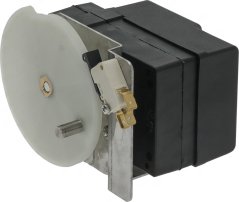 Gearmotor mat wäissem ronnen Deckel, schwaarzem Getreib an engem Mikroschalter op der Säit Gearmotor mat wäissem ronnen Deckel, schwaarzem Getreib an engem Mikroschalter op der Säit