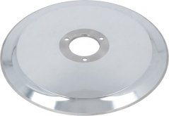 Ronnt Inox-Messer vum Schneidapparat mat engem zentrale Ring a dräi Montagelächer, liicht gewëllte Form.