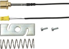 Set vun der Temperatursond: e Messing-Sensor mat Kabel, eng giel Klemm, eng Metallkonsol an eng Fieder.