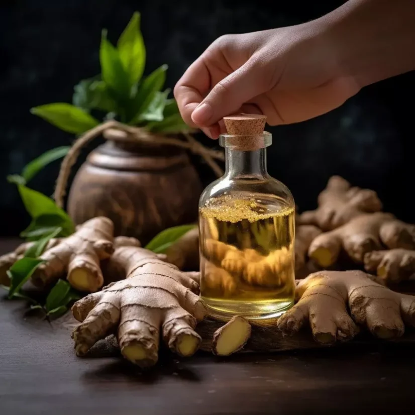 A 10 ml bottle of 100% natural ginger essential oil, suitable for vegans.