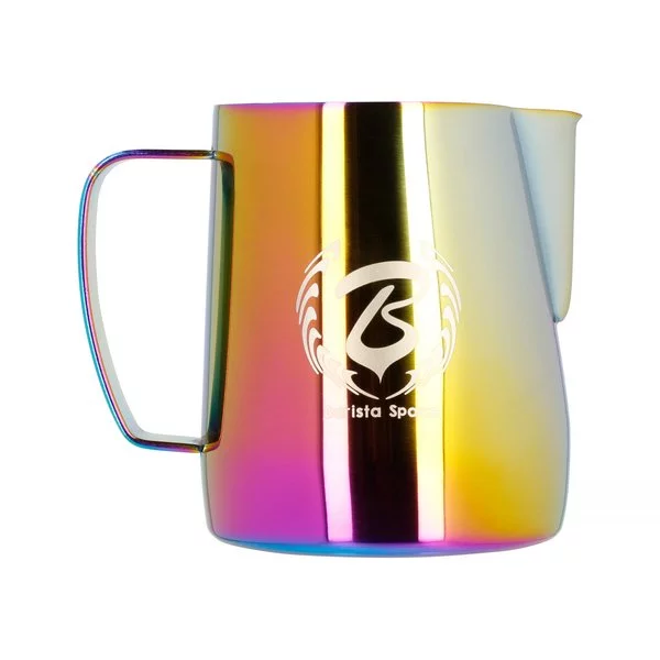 Pink chrome milk pitcher with Barista space rainbow logo, 350ml capacity